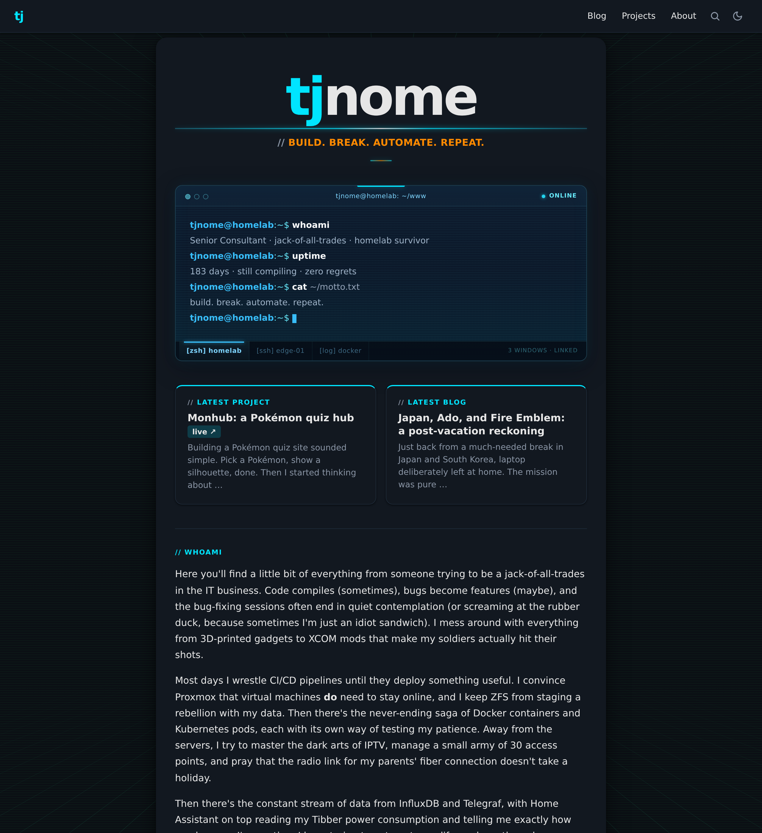 The new homepage: shell session with tmux bar on a perspective grid