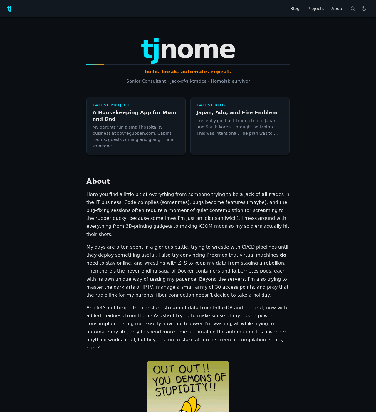 The old homepage: logo, tagline, two cards, about text